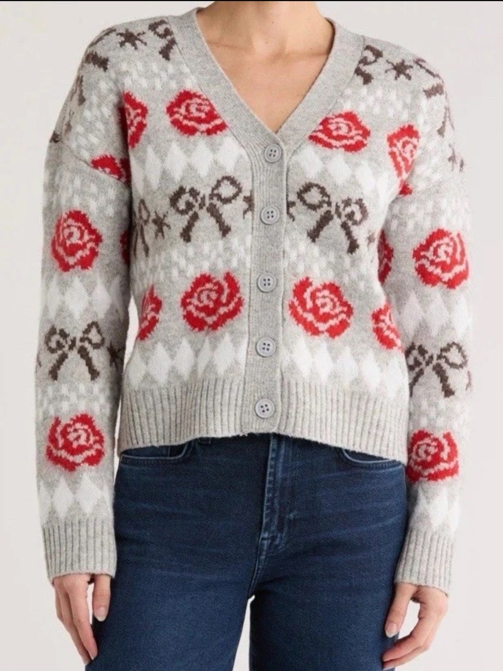 International Designer Women XS Gray Floral V-Neck Knit Button Cardigan NWT